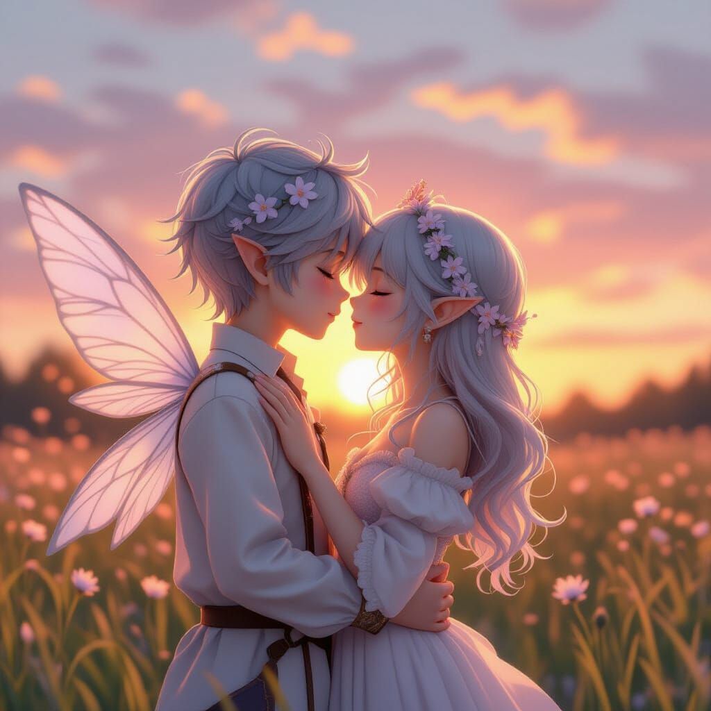 Anime Fairy Kiss at Sunset: 8k Resolution