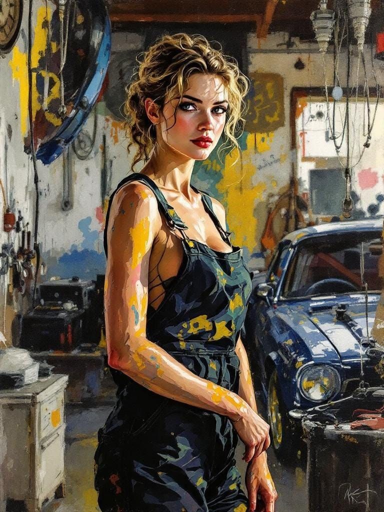 Swedish Pin-Up Mechanic in Watercolor Line Art