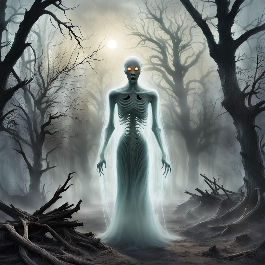 ghostly figure with glowing eyes, in a desolate and eerie la...