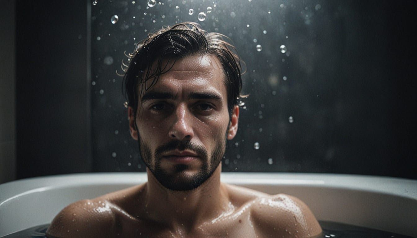 Moody Monochrome Portrait of Handsome Man in Bathtub