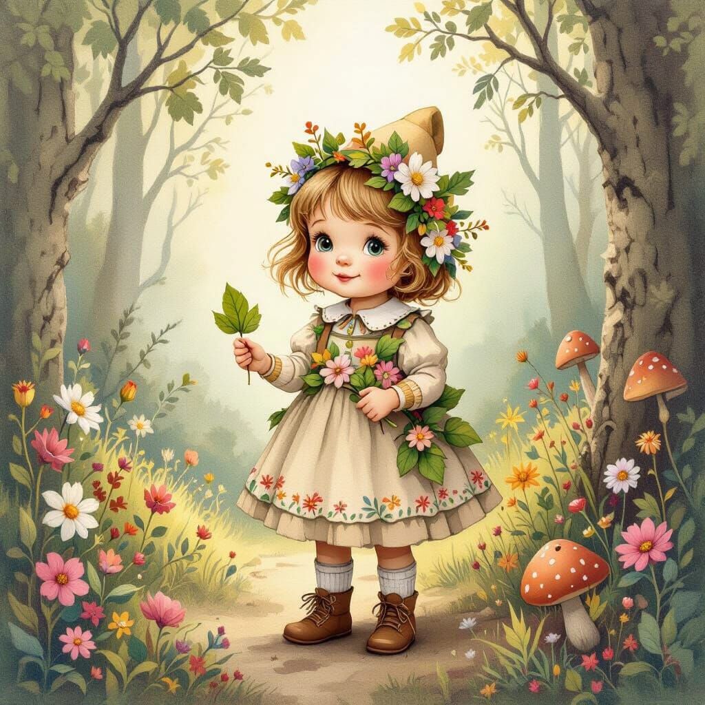 Forest Girl with Leaf in Illustration Style
