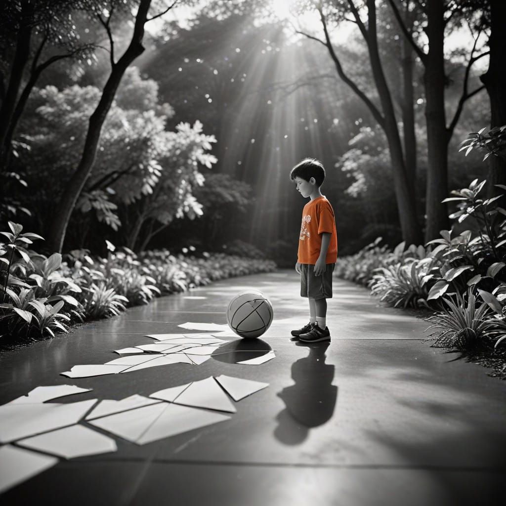 Vibrant Boy in Origami Basketball Scene