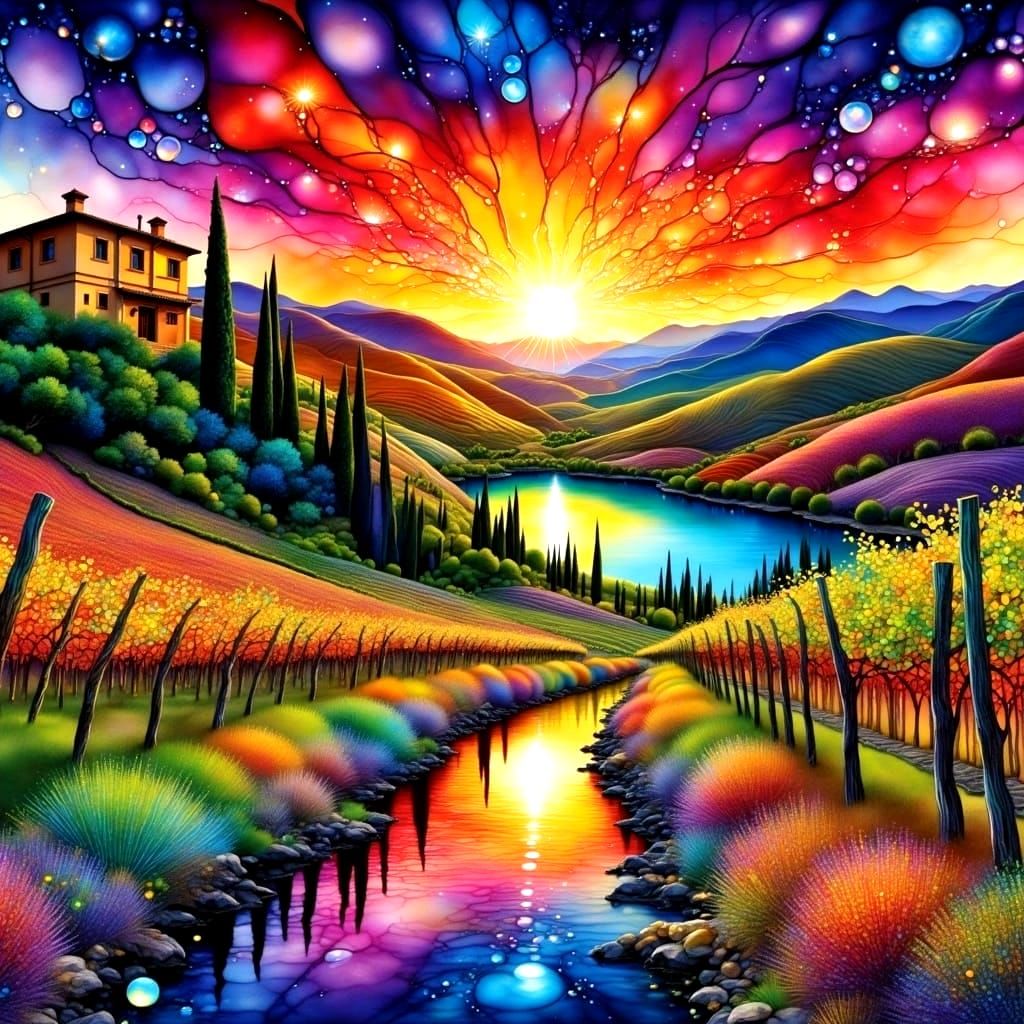 Romantic Tuscan Landscape with Vineyards and Villa