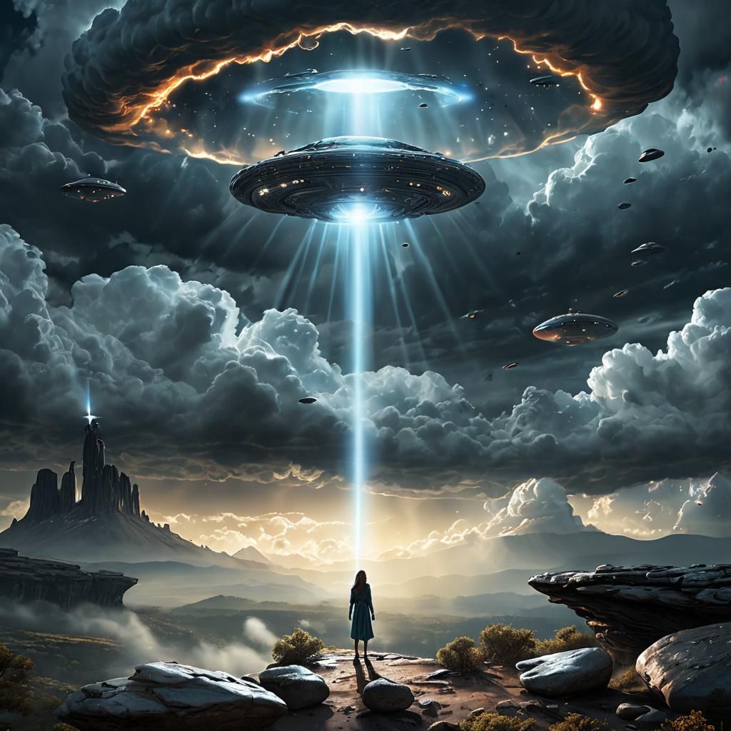 Classic UFO Fleet Over Dark Clouds