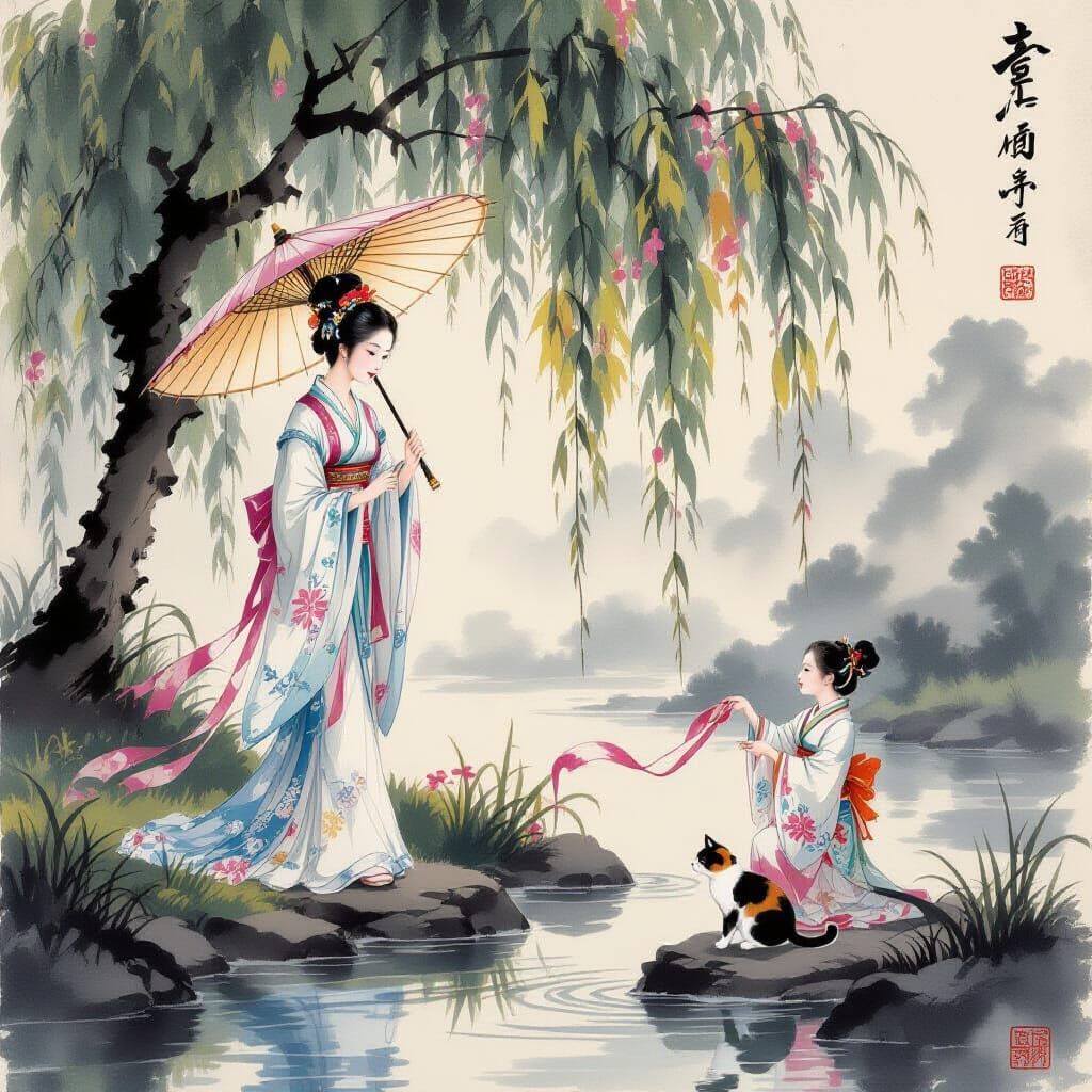 Elegant Lady Under Willow: Tang Dynasty Ink Painting Style