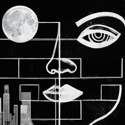 City Silhouette Gazing at Whimsical Moon in Chalk Art