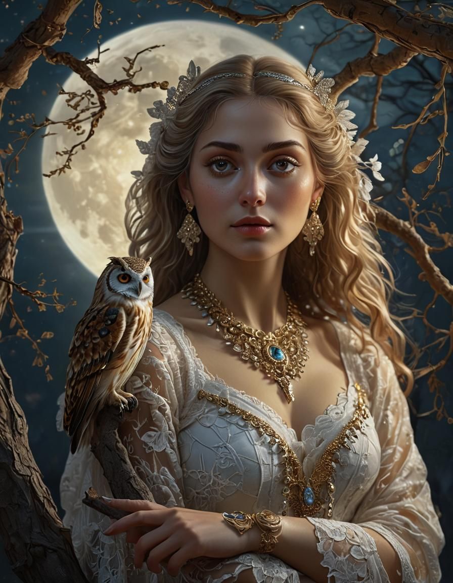 Vaporwave Owl and Woman in Forest at Night