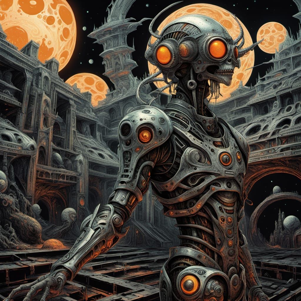 Demigod Astronaut in Cyberpunk Horror Landscape