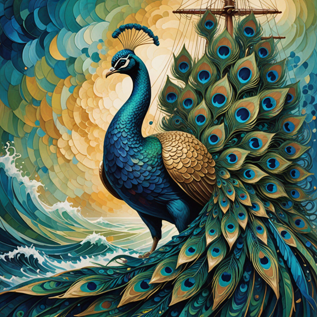 Whimsical Peacock Ship Sails Across Wavy Blues and Greens in...