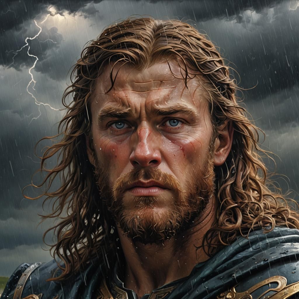 Thor's Face in Storm, Pre-Raphaelite Oil Painting