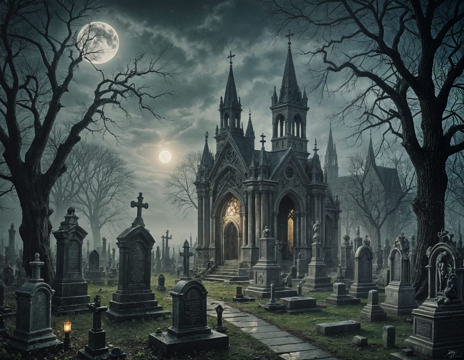 Gothic Victorian Cemetery in Moonlight: Digital Art