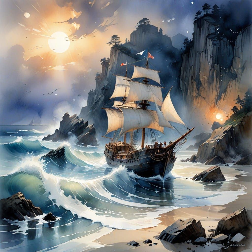 Melancholic Shipwreck at Twilight: A Watercolor Art