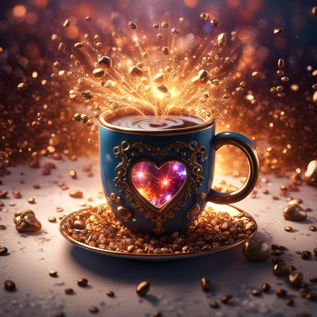 Coffee in Jeweled Mug with Heart-Shaped Steam