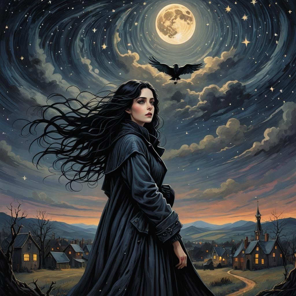 Gothic Woman Under Starry Night Sky in Van Gogh Style
