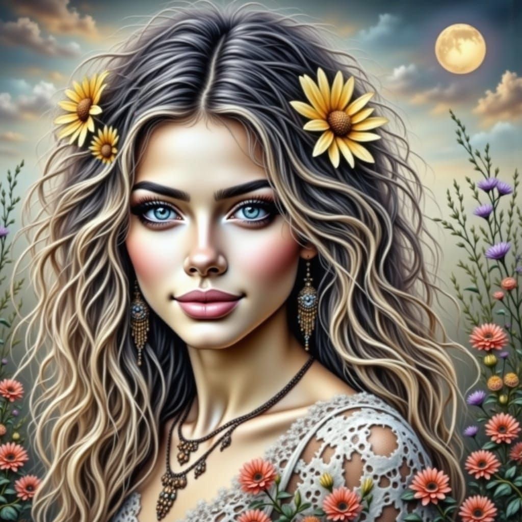 Gothic Dream Girl with Daisies in Moonlight