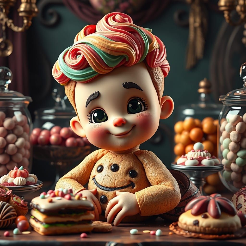 Whimsical Cookie Boy in Dreamlike Bakery Scene