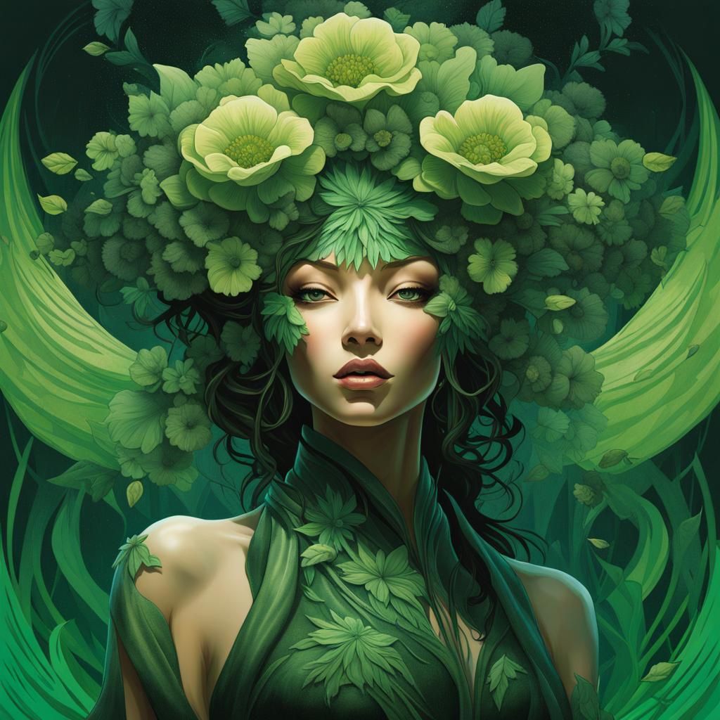 Mysterious Wood Nymph Portrait in Green Light