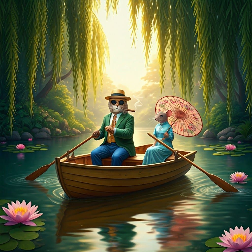 Dreamlike Pond Scene with Cat Rower in Digital Art