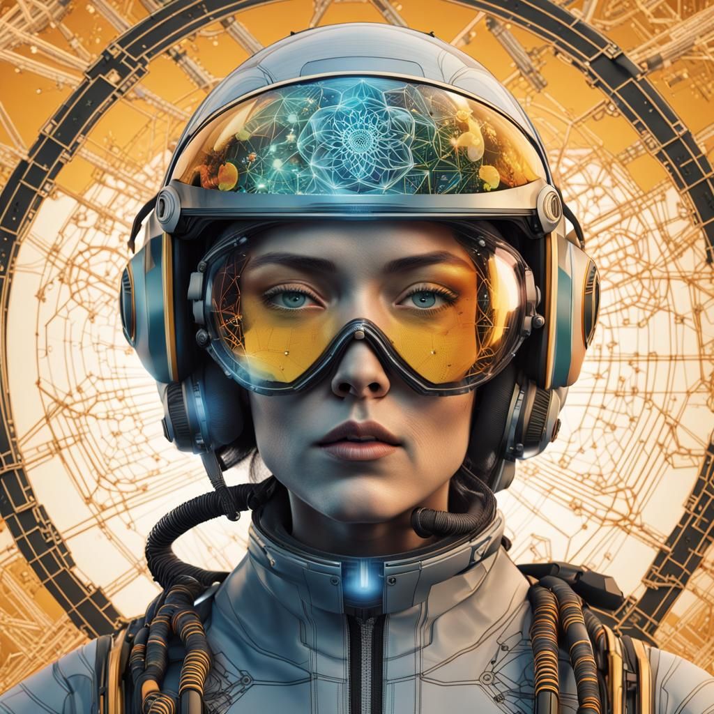 Futuristic Woman in Honeycomb Helmet with Geometric Tattoos