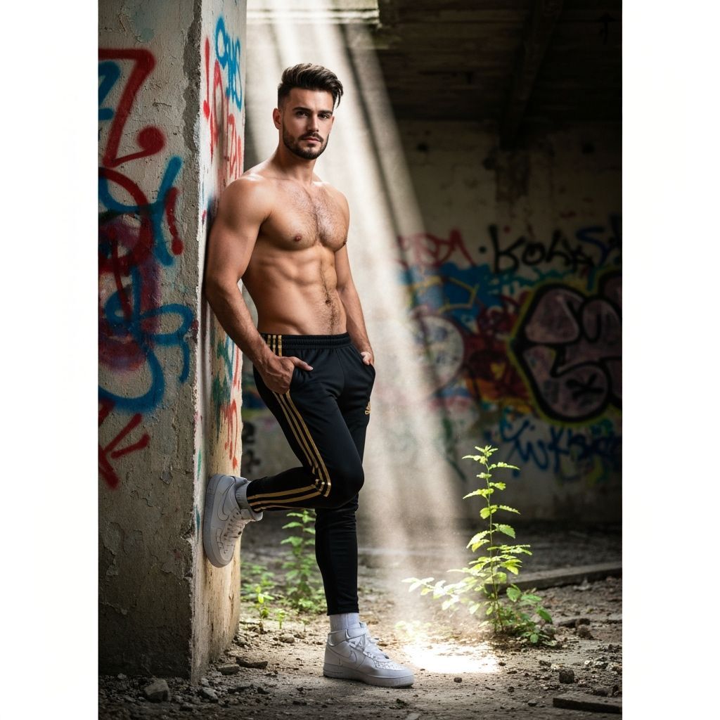 Man Poses in Abandoned Building with Graffiti