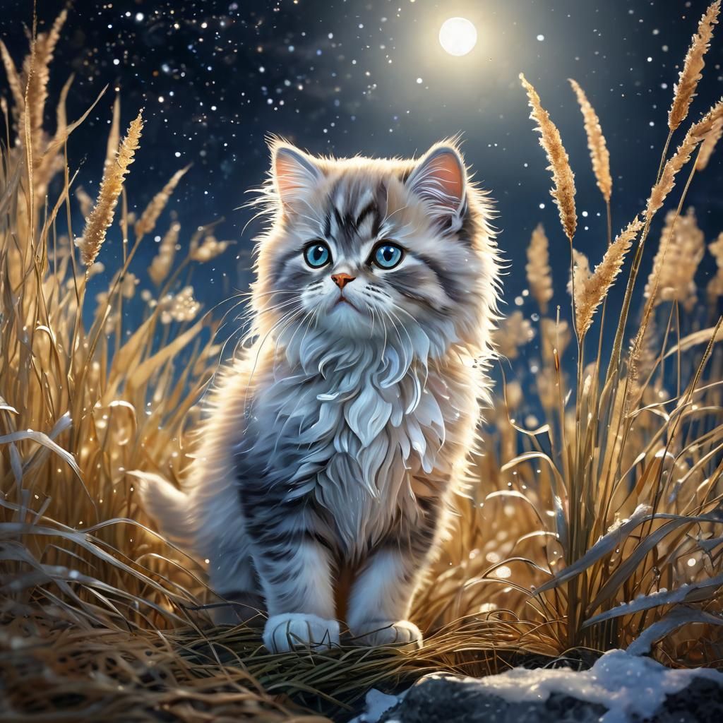 Moonlit Kitten in Frosty Field: Watercolor Digital Art