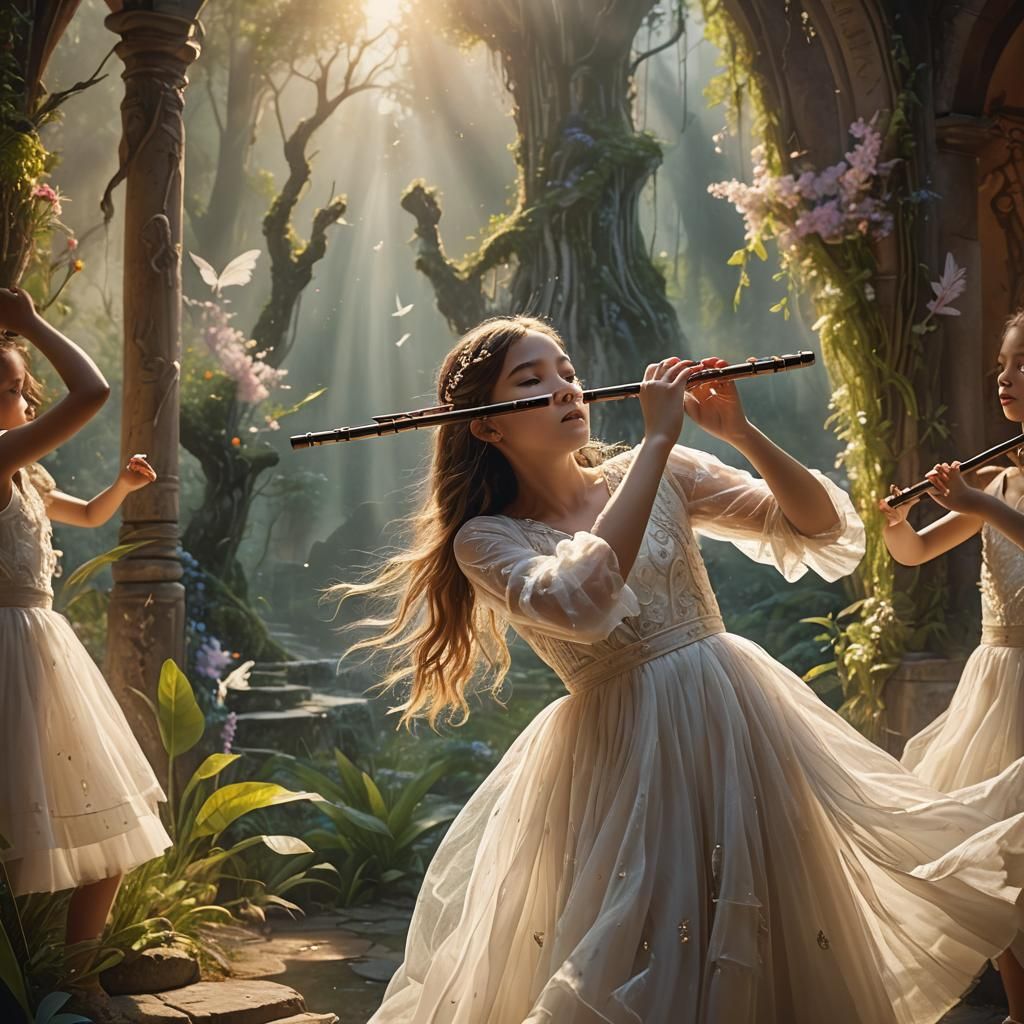 Girl in Forest Playing Flute, Oil Painting Texture