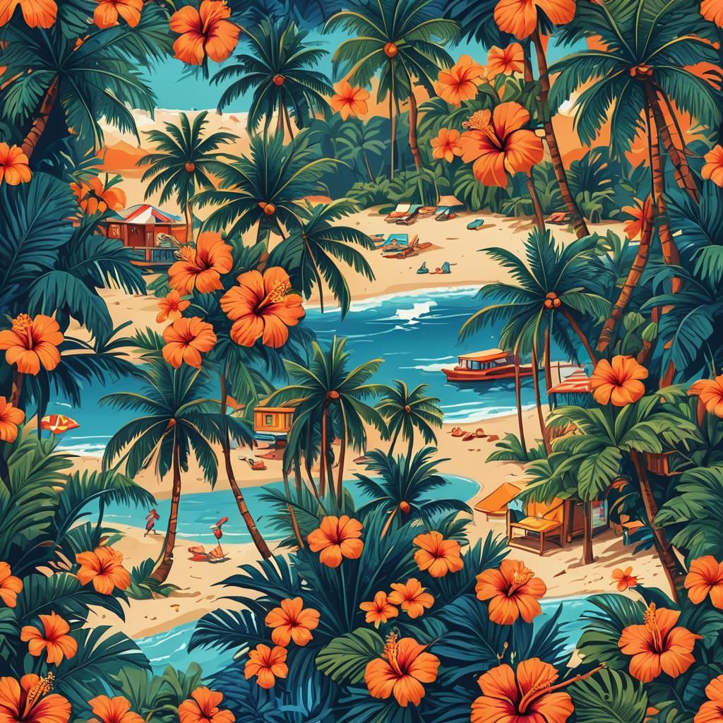 Vibrant Beach Scene with Pixel Art Textures