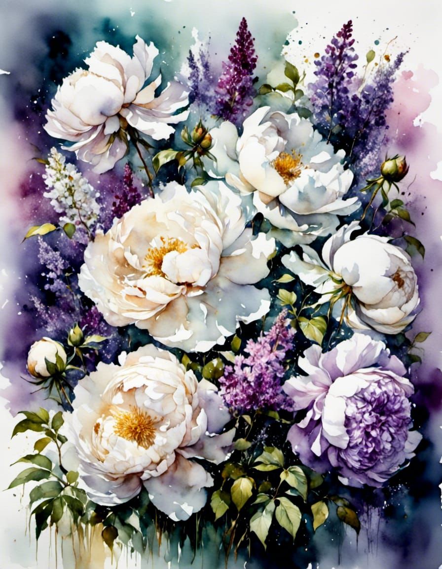 Peonies and Lilacs in Dreamy Watercolor Style