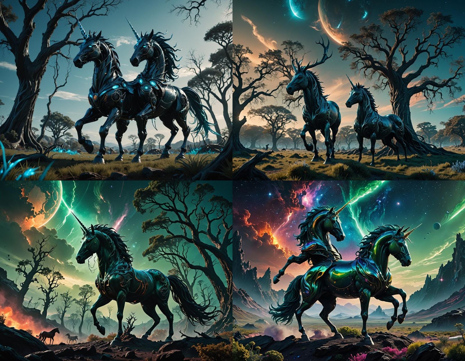 Green Unicorn Rearing on Alien Planet in Sci-Fi Style