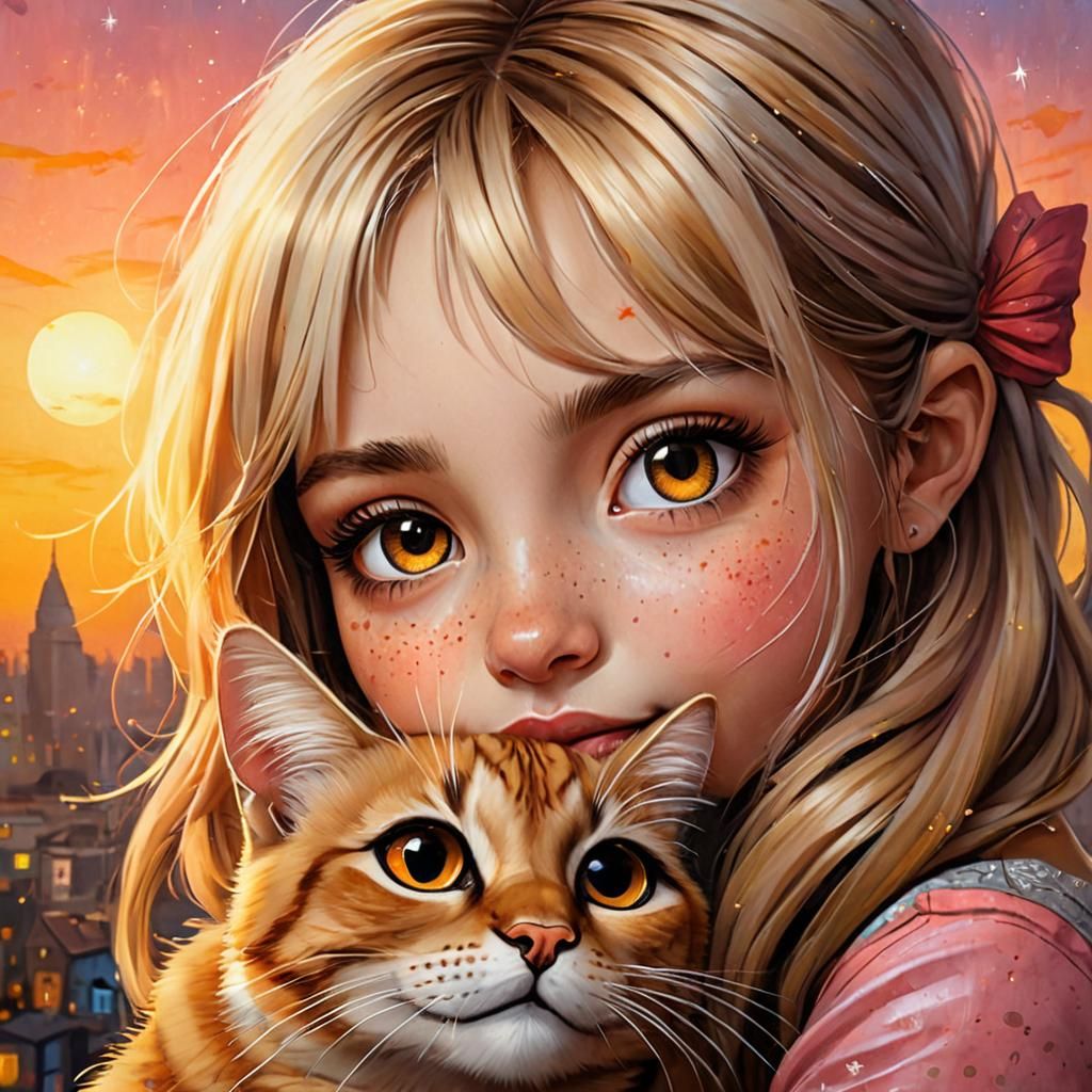 Girl Hugging Cat in Sunset, Detailed Portrait