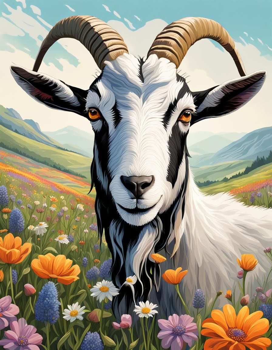 Detailed Portrait of British Alpine Goat in Splash Art