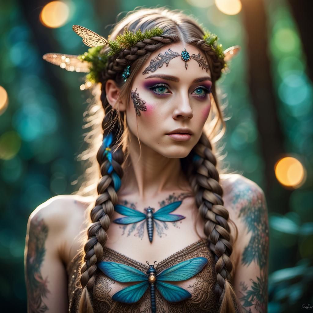 Tattooed Fairy Maiden in Cosmic Forest