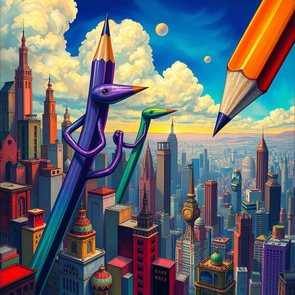 Anthropomorphic Pencils Reshape Surreal Cityscape