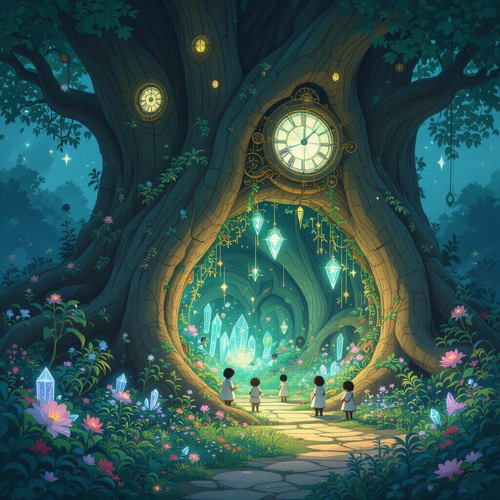 Bioluminescent Clockwork Garden in Art Deco Style