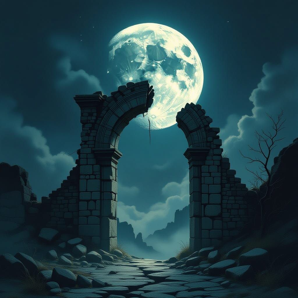 Cracked Moon Over Archway in Dark Digital Art Style