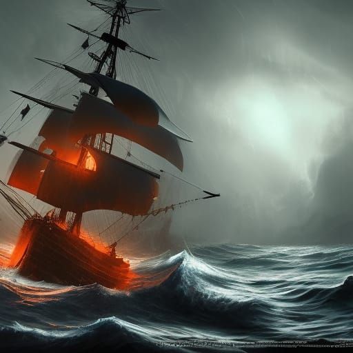 Pirate Ship Sailing a Dark Ocean Night