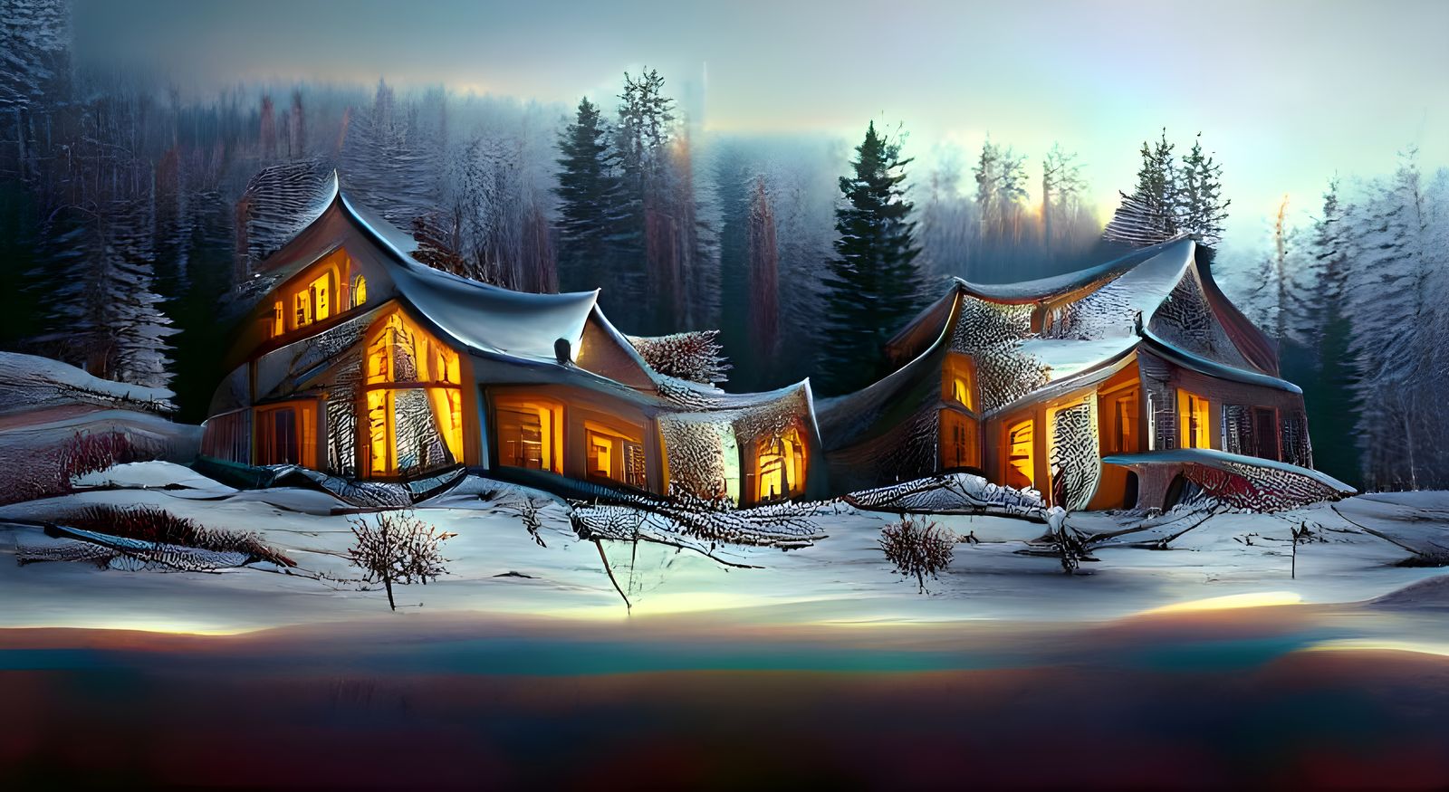 Twilight Cabin in Winter Forest: Hyperrealistic Cel-Shaded A...