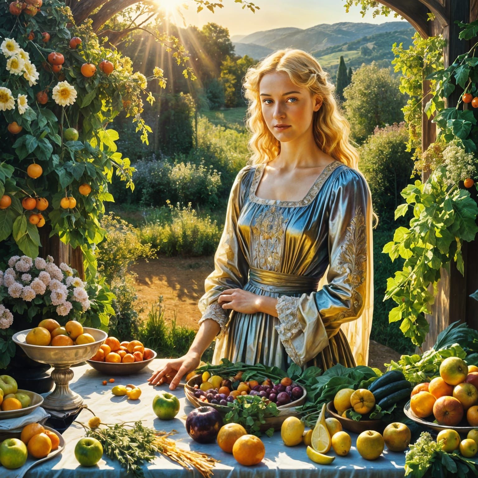 Golden Harvest: Woman in Iridescent Oil Painting