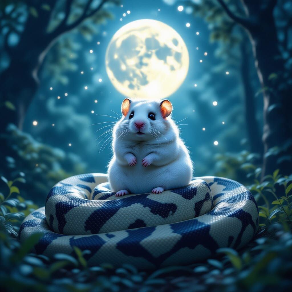Mystical Forest Hamster Rides Giant Python Under Moon