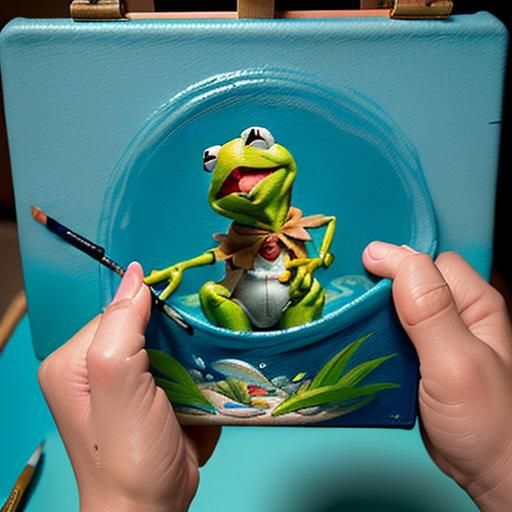 In his tiny hands, Kermit holds a miniature paintbrush, care...