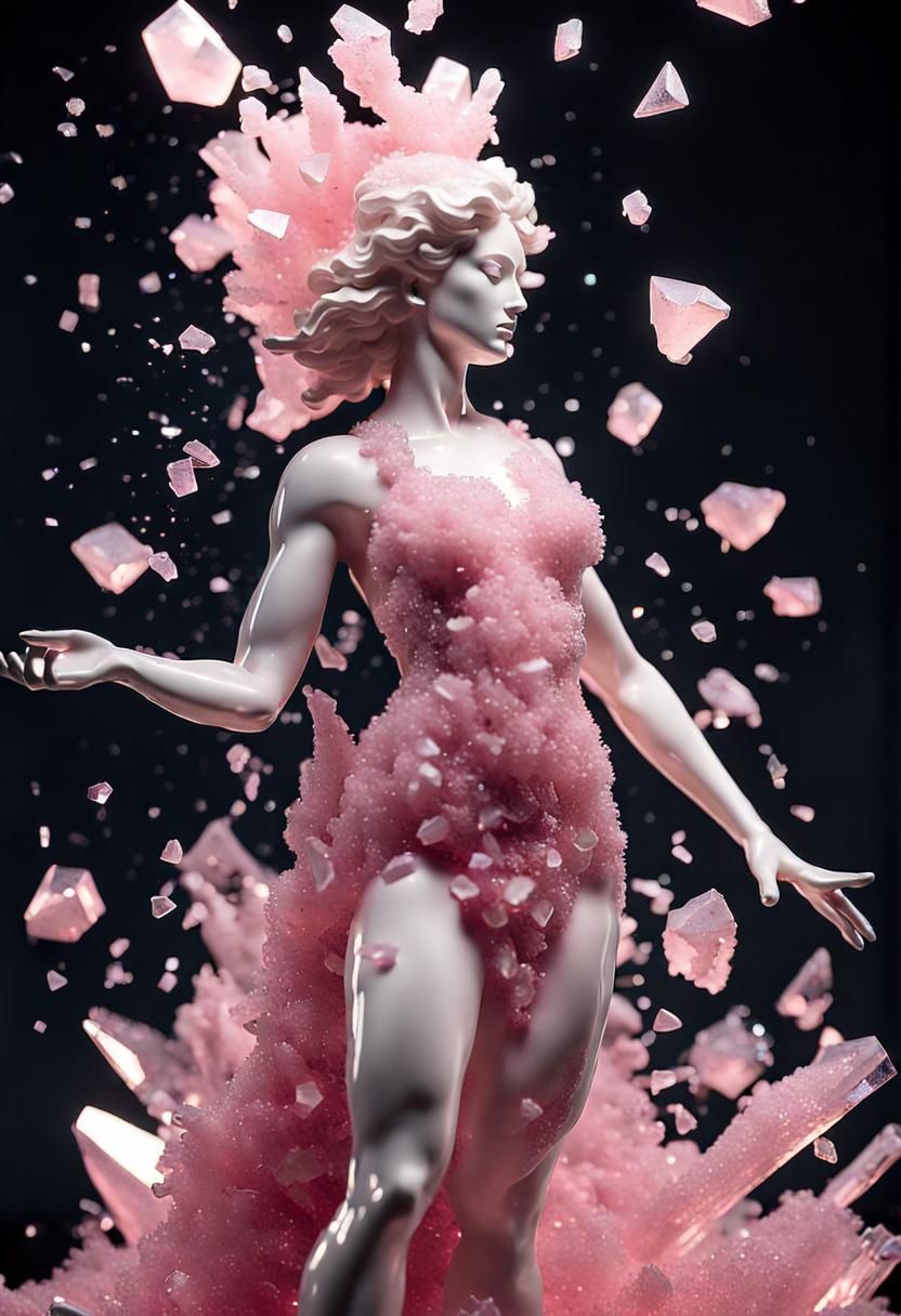 An ultra-detailed photo of a shattered sculpture made of ros...