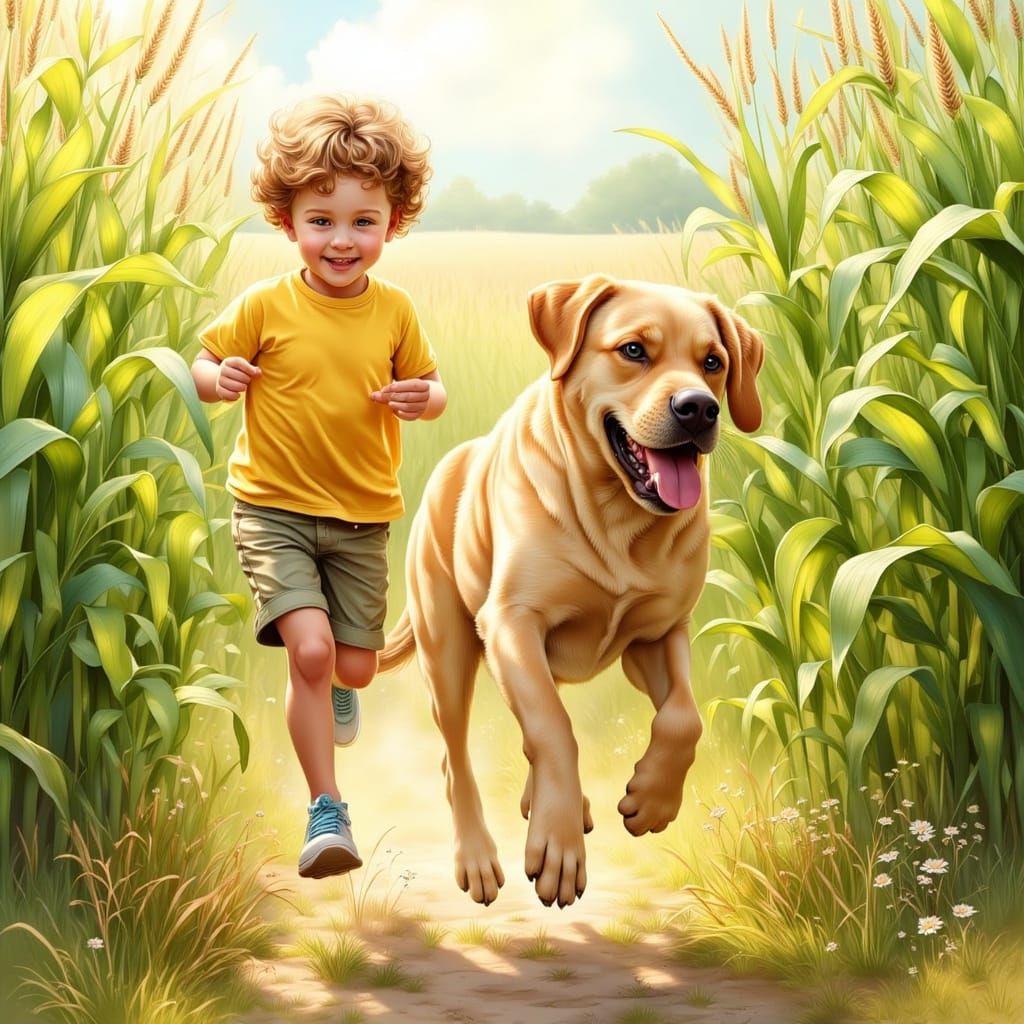 Boy and Dog Running in Cornfield as Rockwell Painting