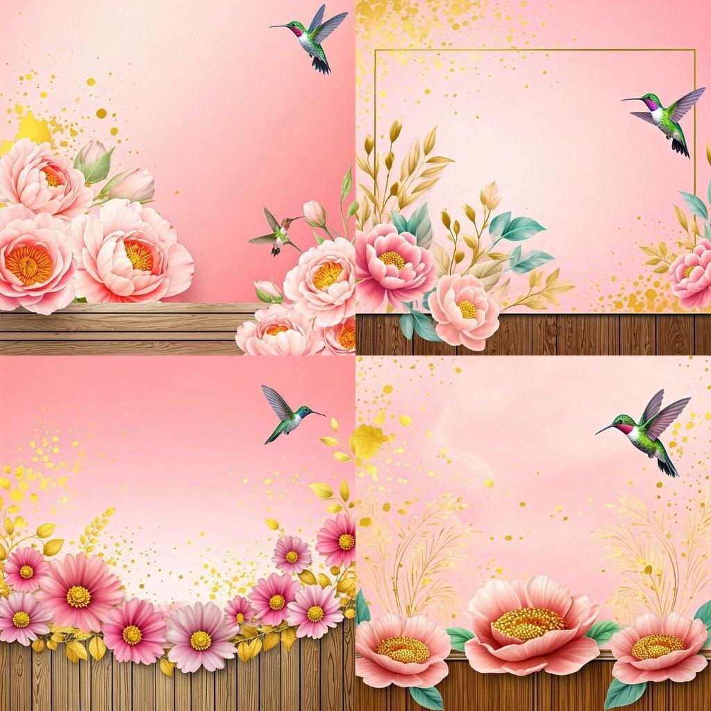 Pastel Floral Background with Gold and Hummingbirds