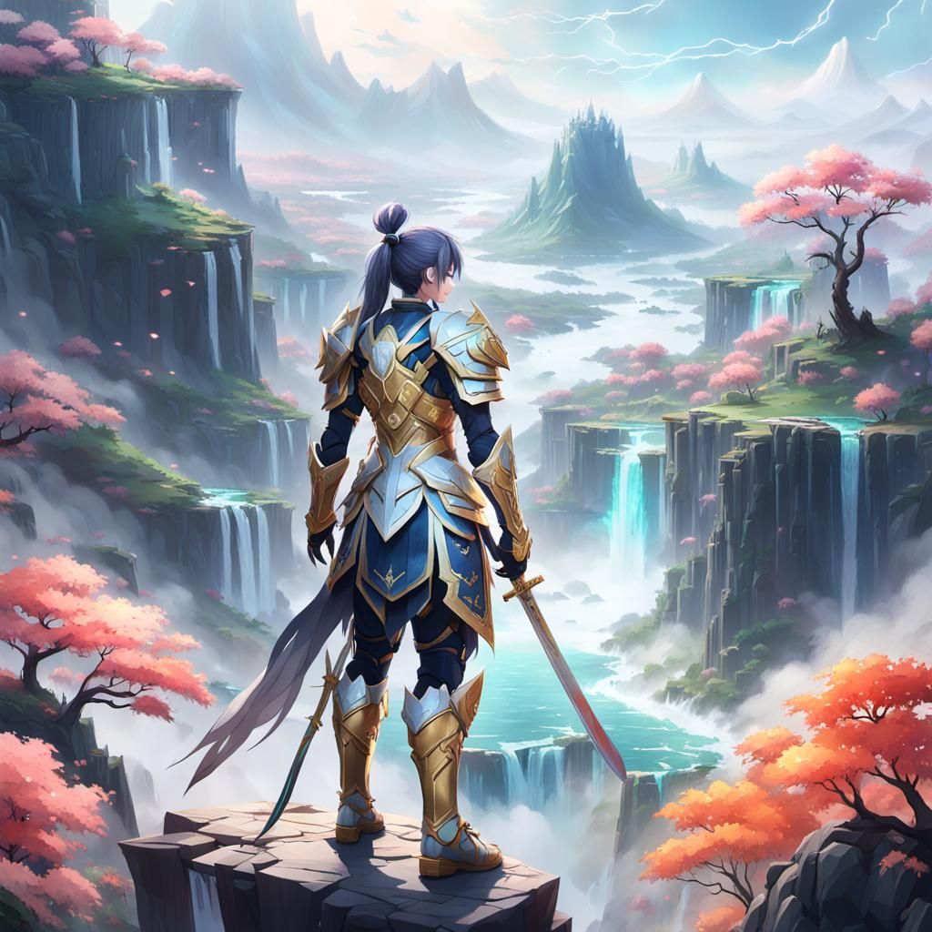 Majestic Warrior Overlooking Floating Islands in Anime Art