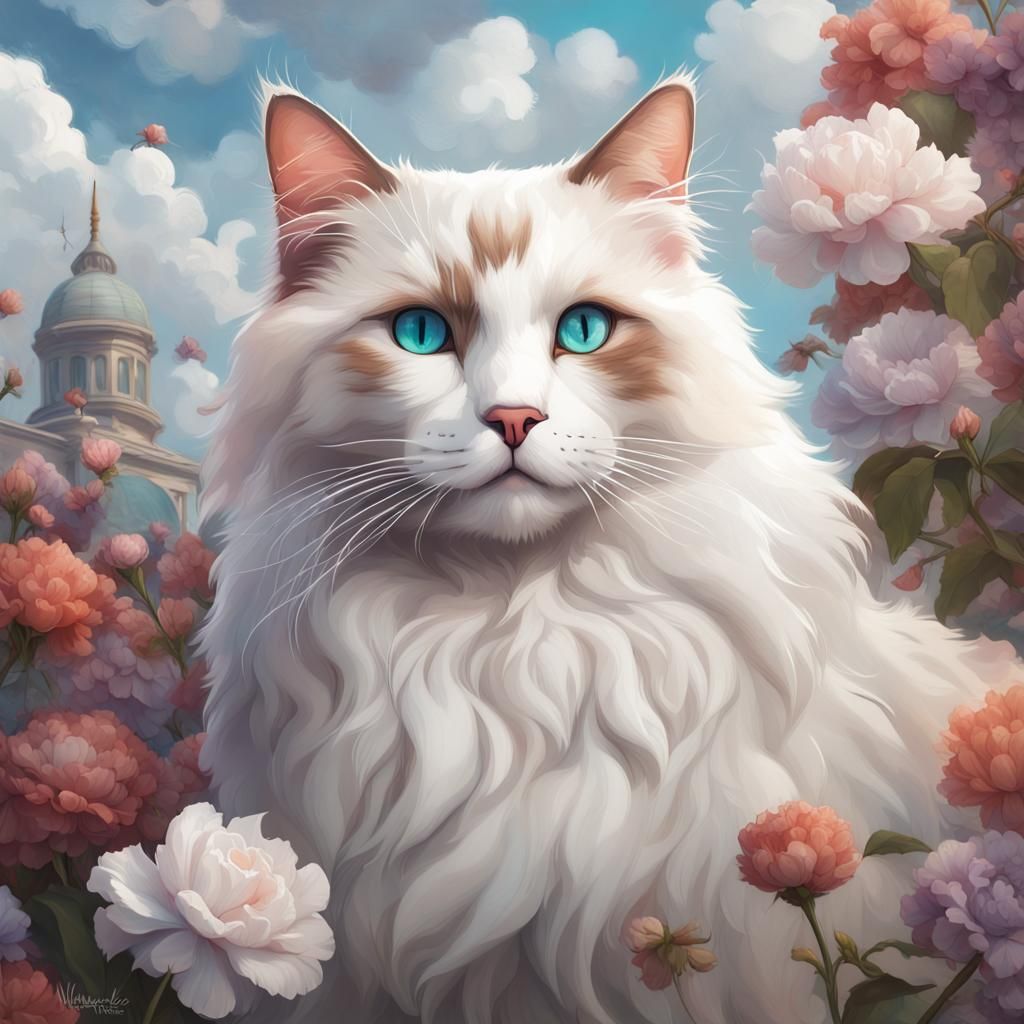 Ragdoll Cat in Floral Cloudscape: Hyperdetailed Portrait