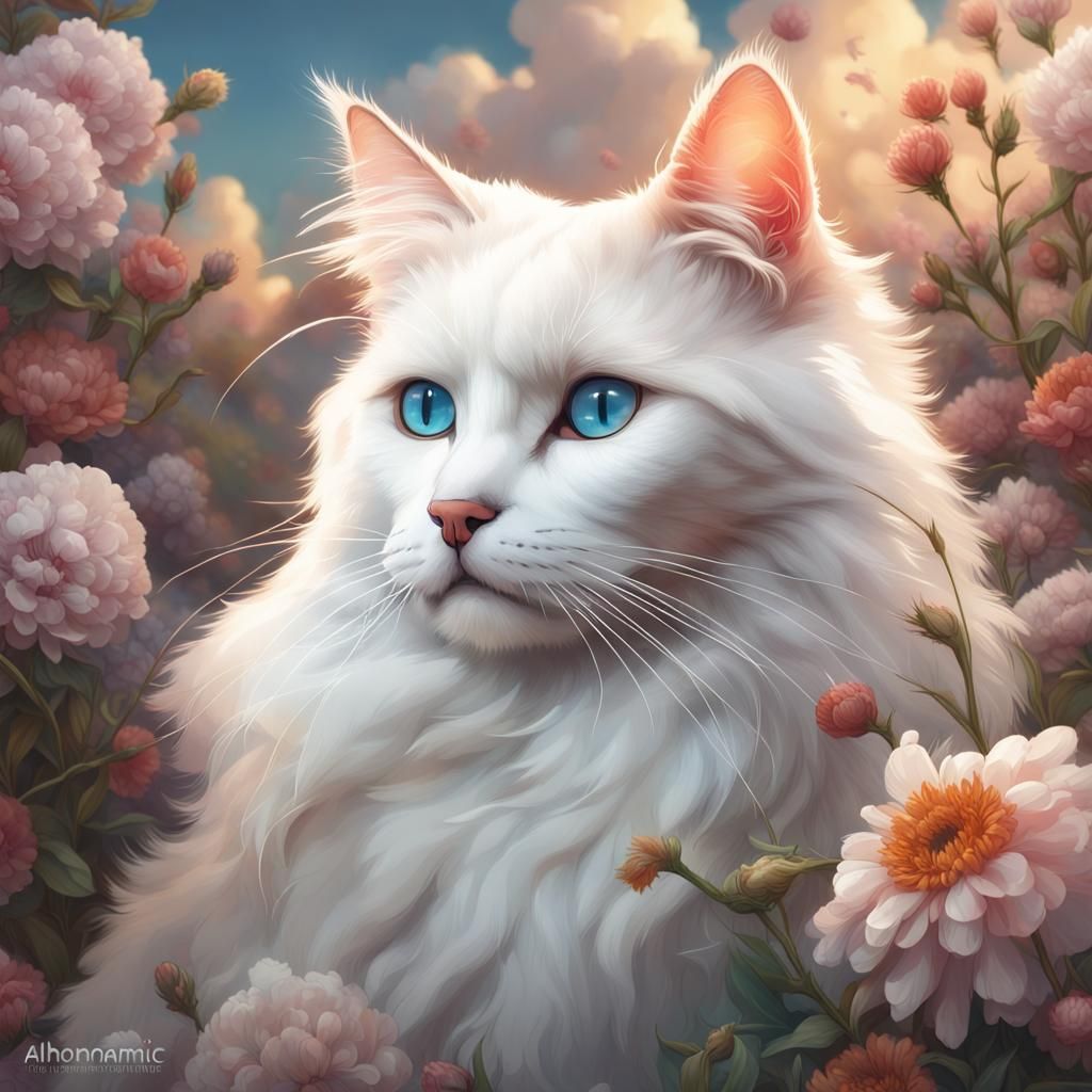 Ragdoll Cat Portrait with Floral Clouds, Hyperdetailed Art