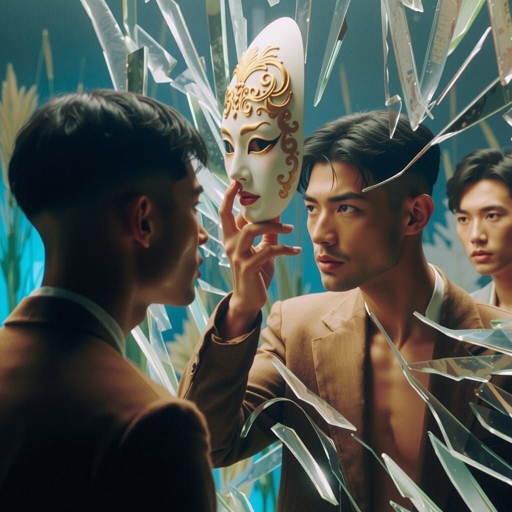 Korean Men with Mask and Suzaku in Pre-Raphaelite Style