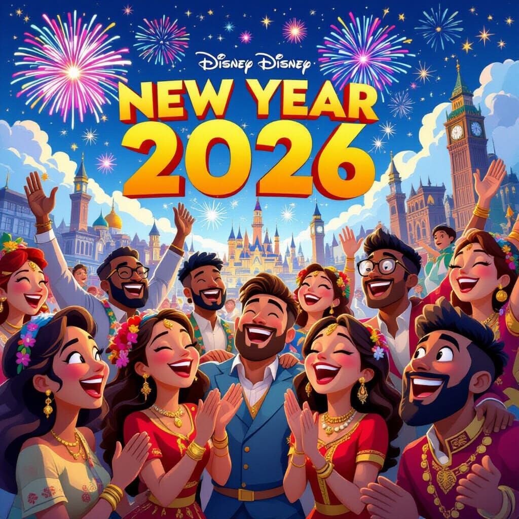 Global Unity: New Year 2026 Celebration in 3D Cartoon Style