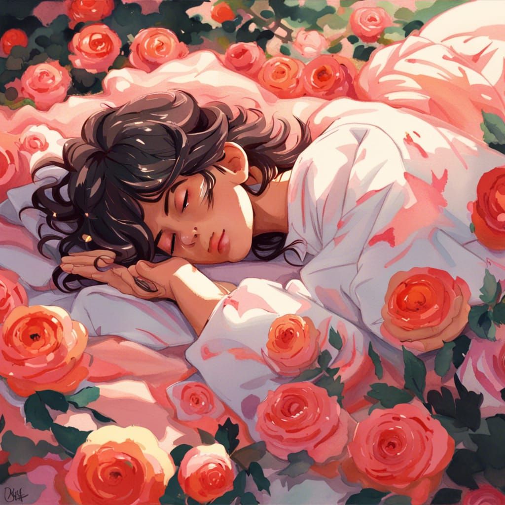 Anime Style: Girl Sleeping in Roses, Gouache Painting