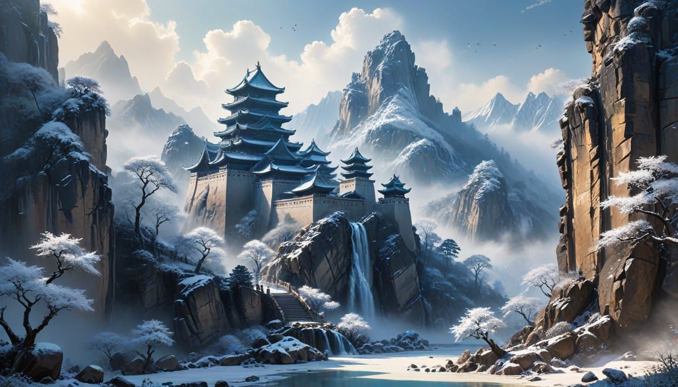 Majestic Winter Kingdom Castle in Classic Chinese Ink Wash P...